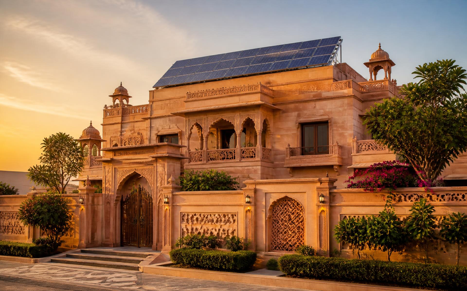 Sandstone home in Rajasthan with a rooftop solar array at golden hour